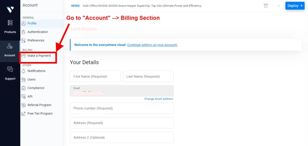 Vultr Billing Section