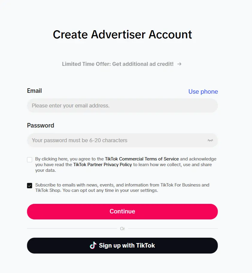 TikTok for Business Create account