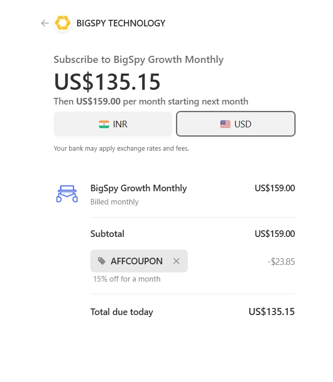 Aplica el código de cupón al finalizar la compra en BigSpy.