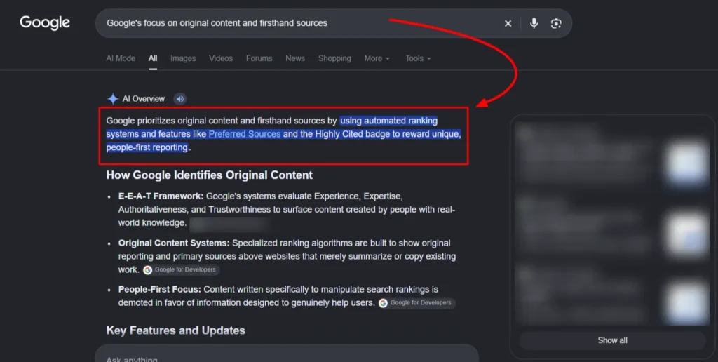 Google's focus on original content and firsthand sources