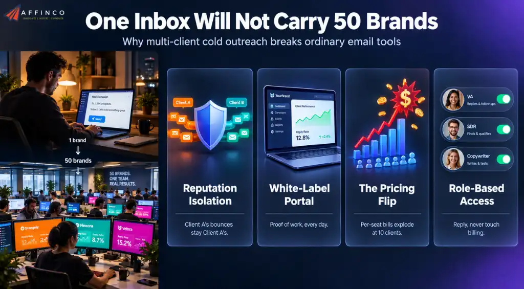 Multi-client cold outreach email tool limitations