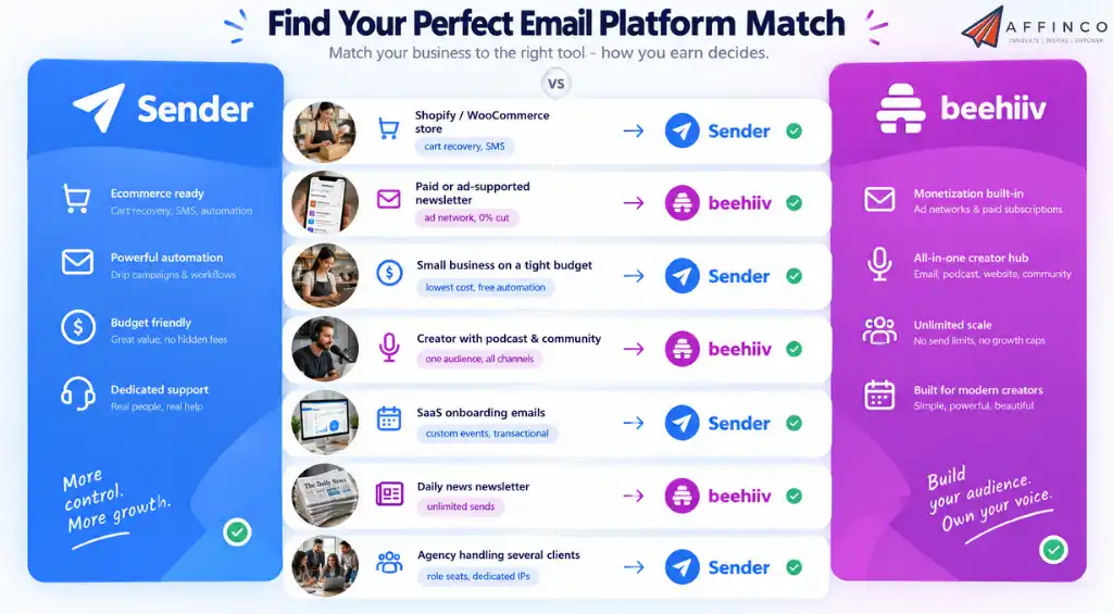 Sender vs beehiiv platform comparison for businesses