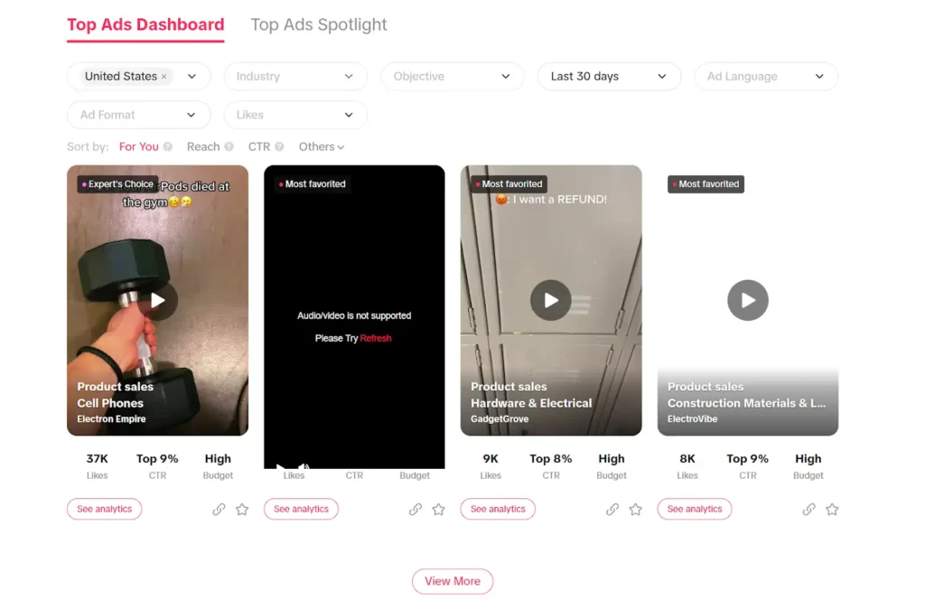 Top Ads Dashboard in TikTok Creative Center