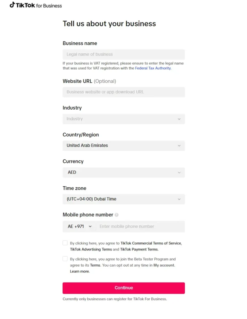 TikTok For Business - Fill in Business Details