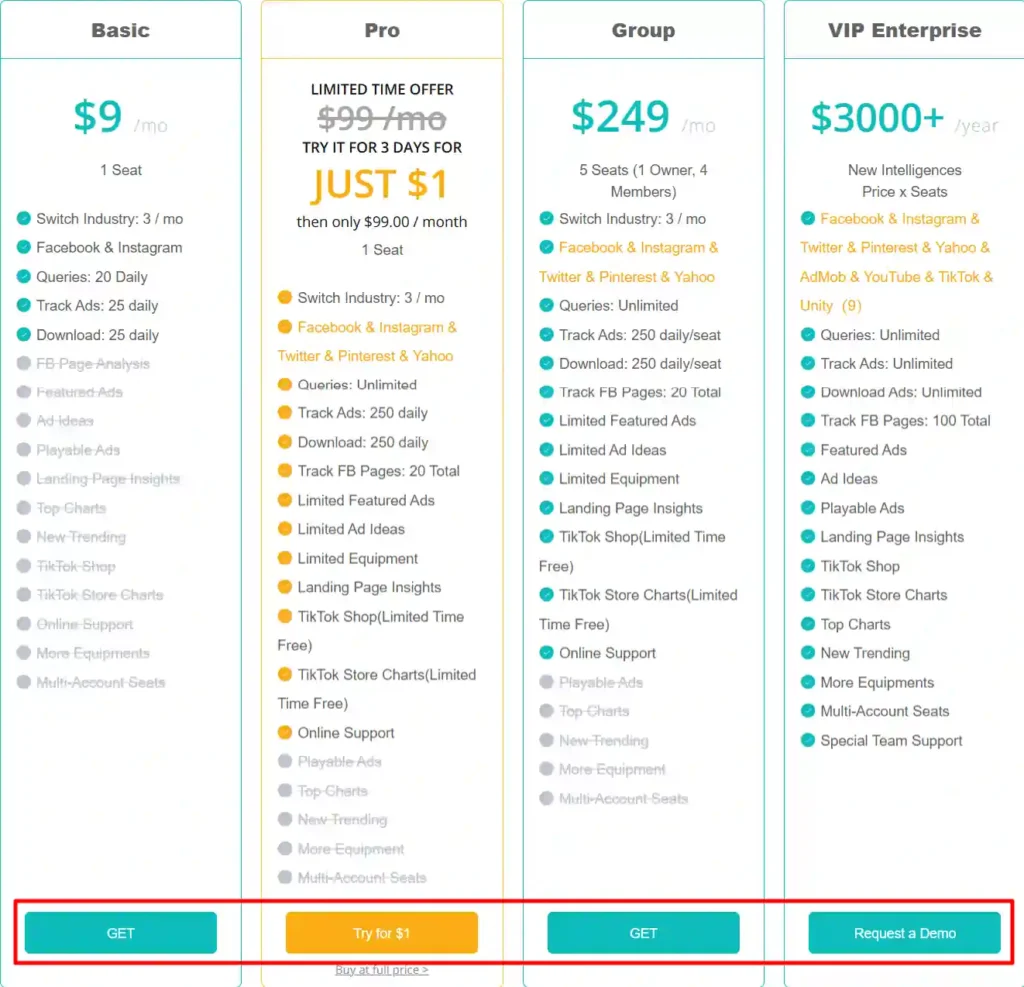 BigSpy - Select your preferred plan