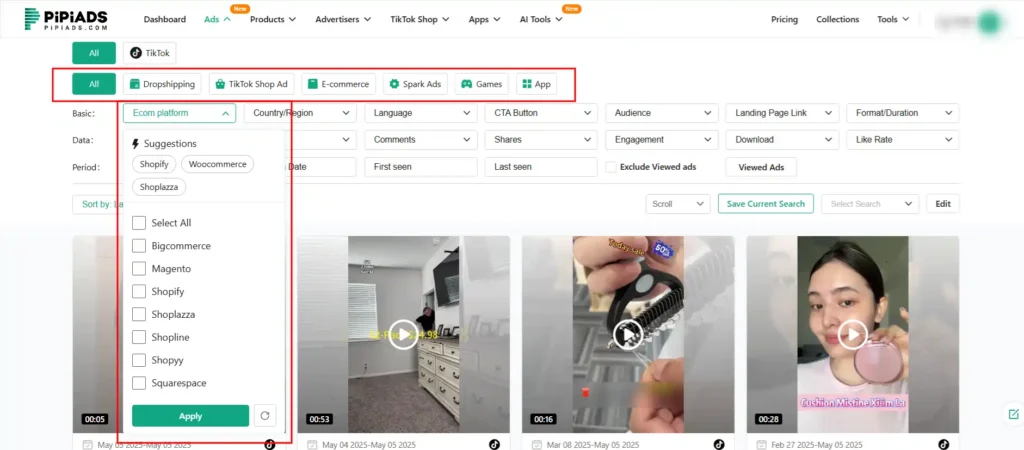 PiPiADS- Category and Platform Filters