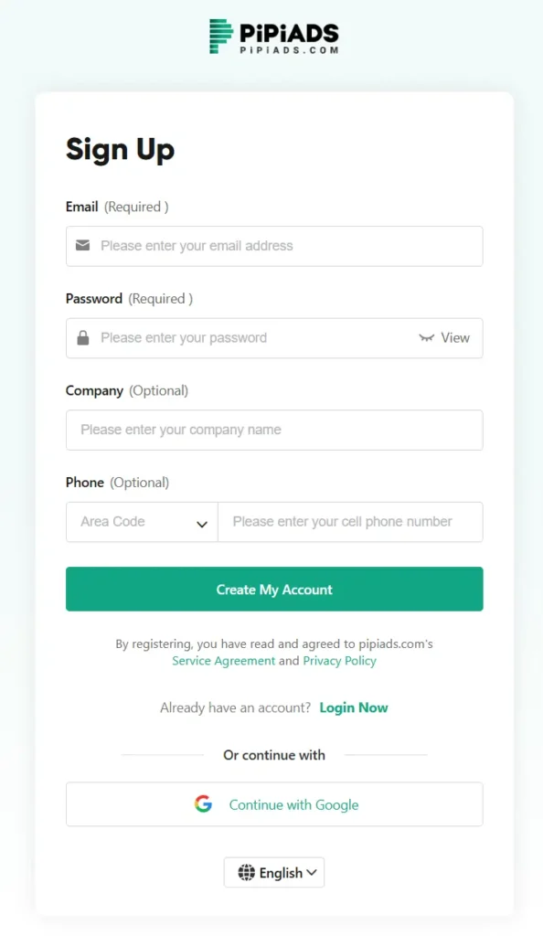 PiPiADS Create your account
