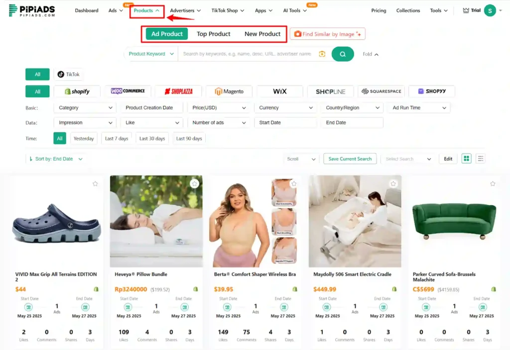 PiPiADS - Winning Products Feature