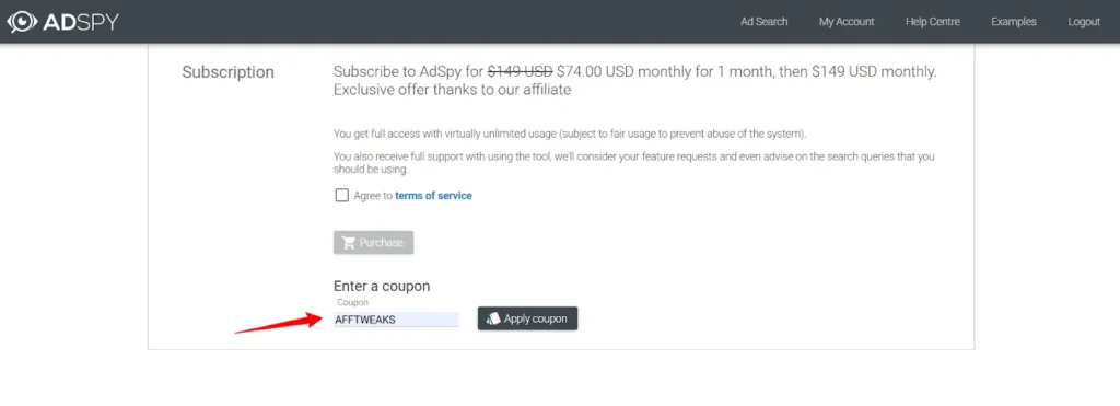 AdSpy Enter Coupon Code