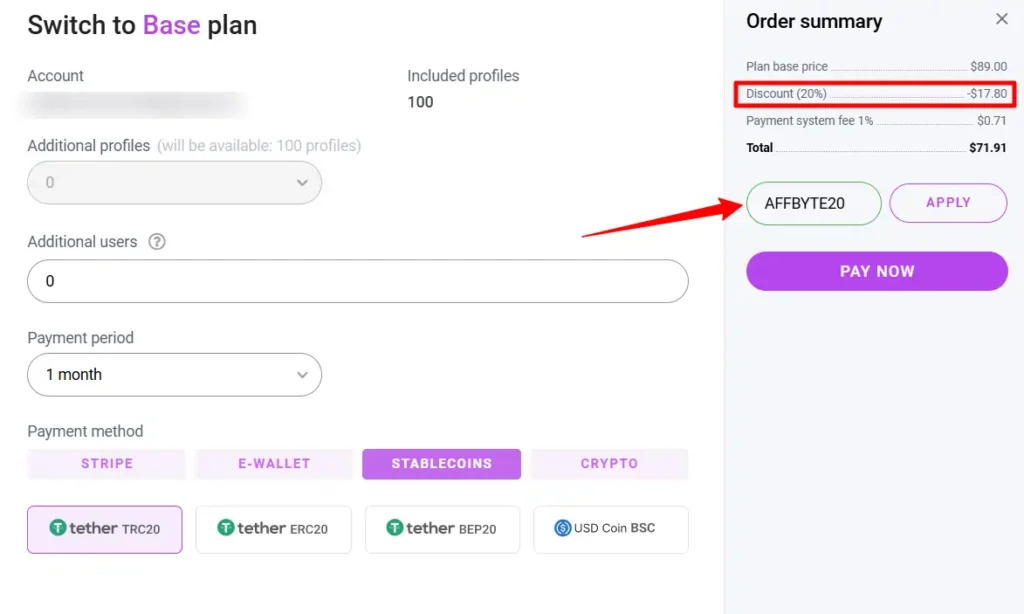 Dolphin Anty - Add payment details and enter coupon code