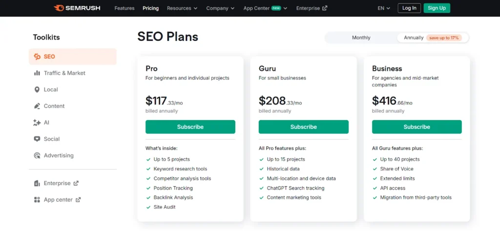 SEMRush Pricing Plans