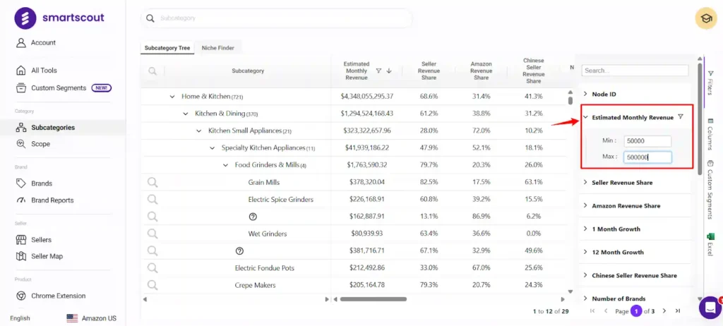 SmartScout Filter by monthly revenue range