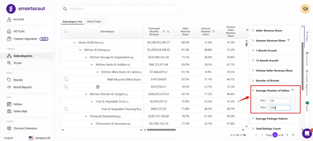 SmartScout - Sort by Number of Sellers to find less saturated markets