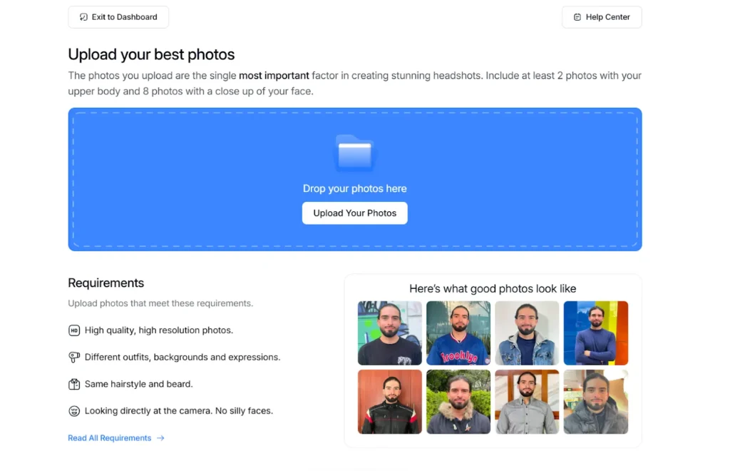 Upload clear selfie in InstaHeadshots