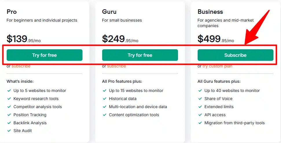 Choose Semrush preferred plan