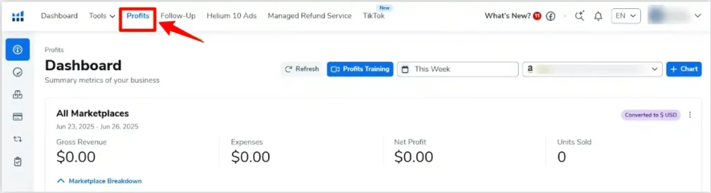 Helium 10 Profits Dashboard