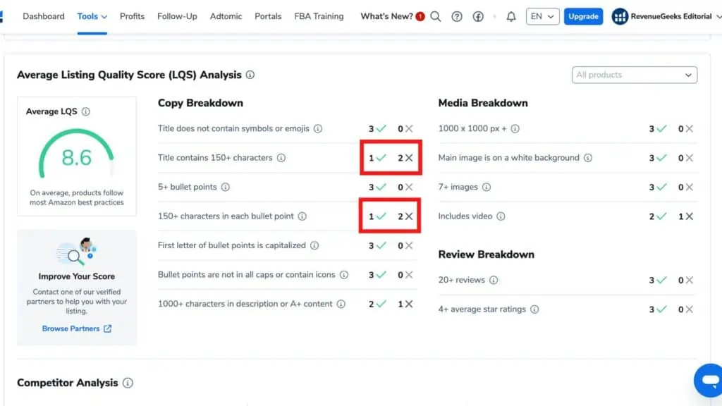 Helium 10’s Listing Analysis