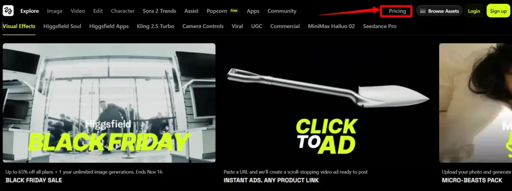 Higgsfield pricing menu