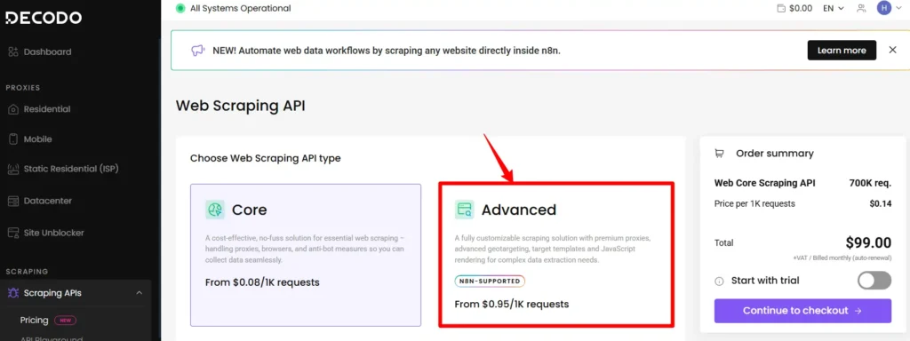 Select Decodo Advanced Web Scraping API