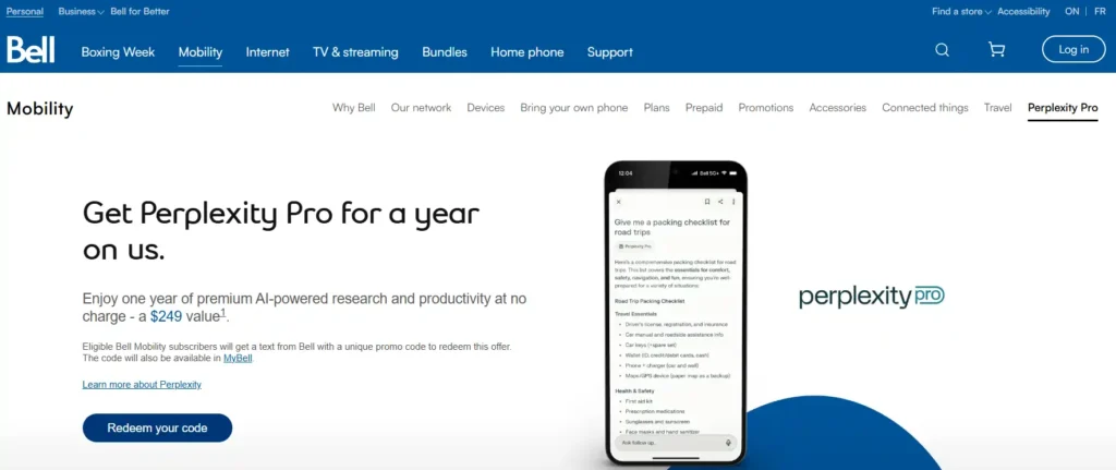 Bell Mobility Perplexity Pro