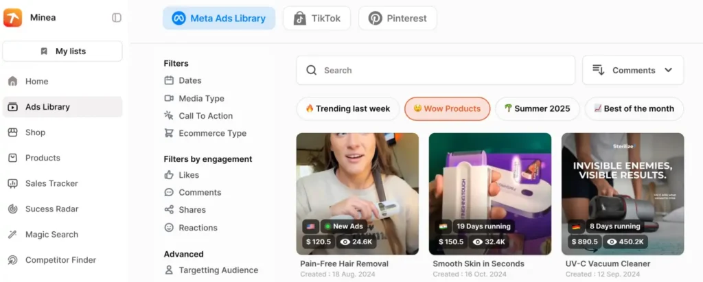 Minea Multi-Platform Ad Library