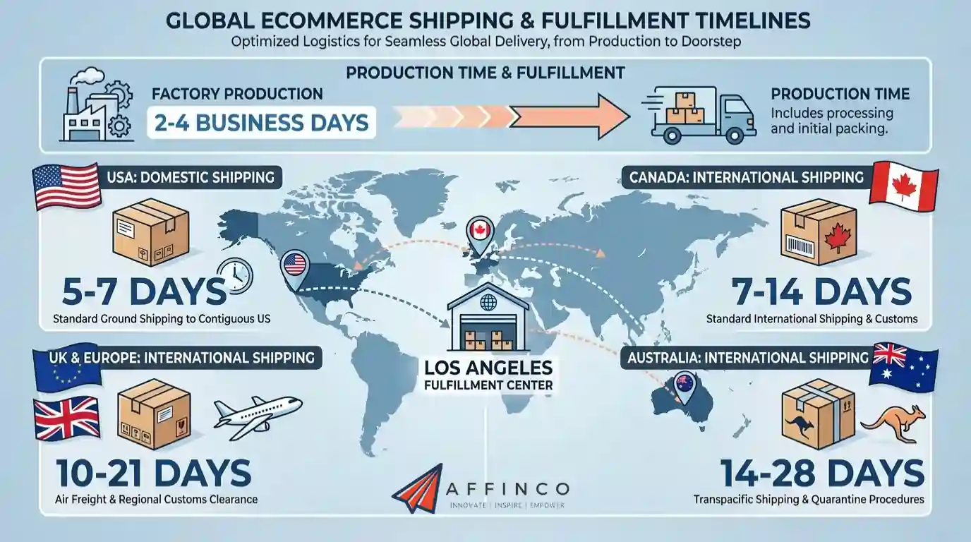 Tapstitch production and regional shipping time estimates chart