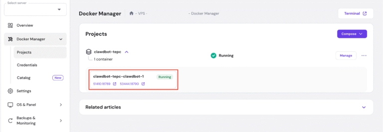 Visit Hostinger Docker Manager and select your OpenClaw project