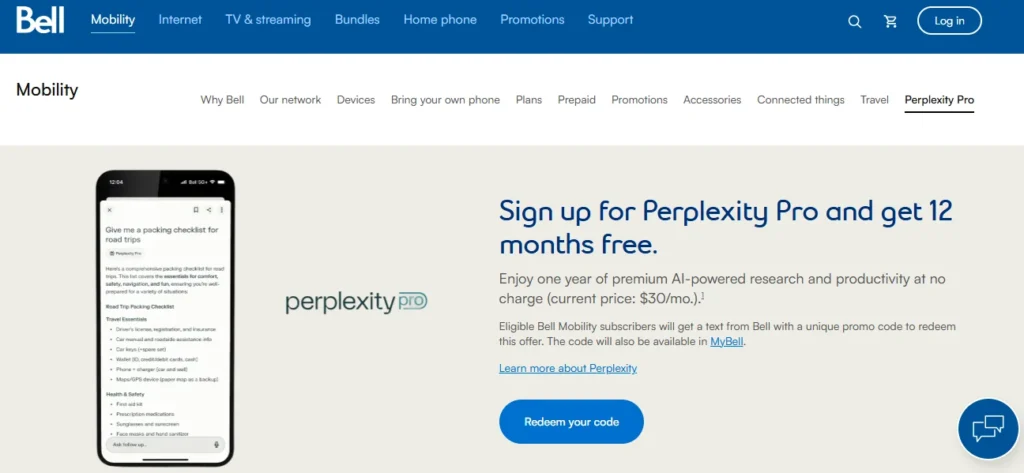 Free Perplexity Pro For Bell Mobility Customers