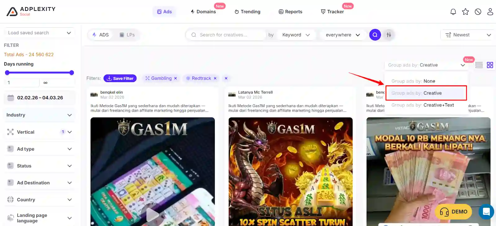 Group by Creative in AdPlexity