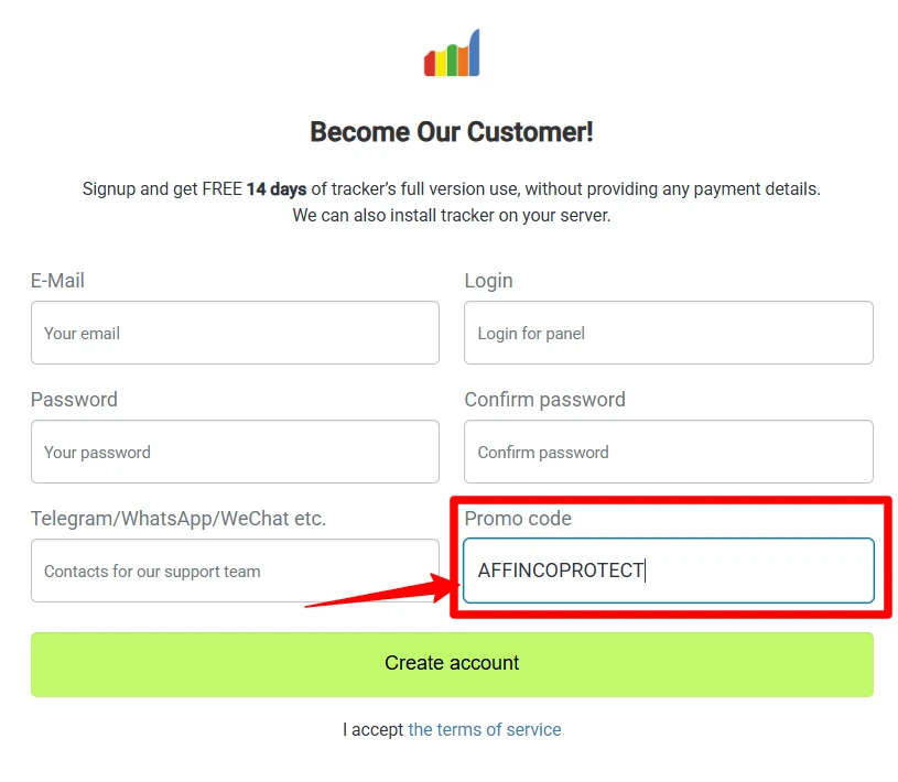 Locate the promo code field on the Binom registration form