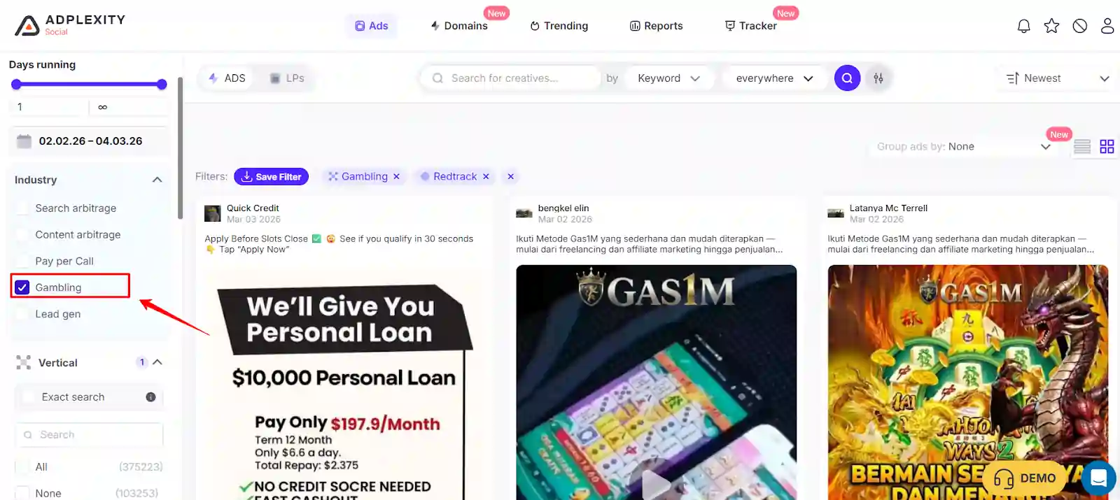 Pick a Vertical or Industry in AdPlexity