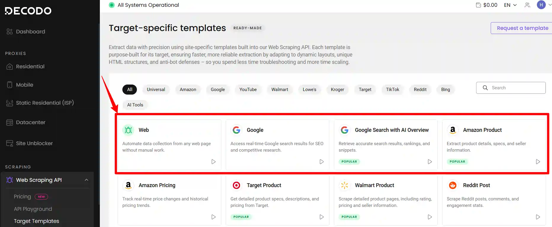 Pick a template from Decodo library