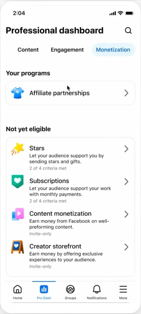 Professional Dashboard on the Facebook mobile app