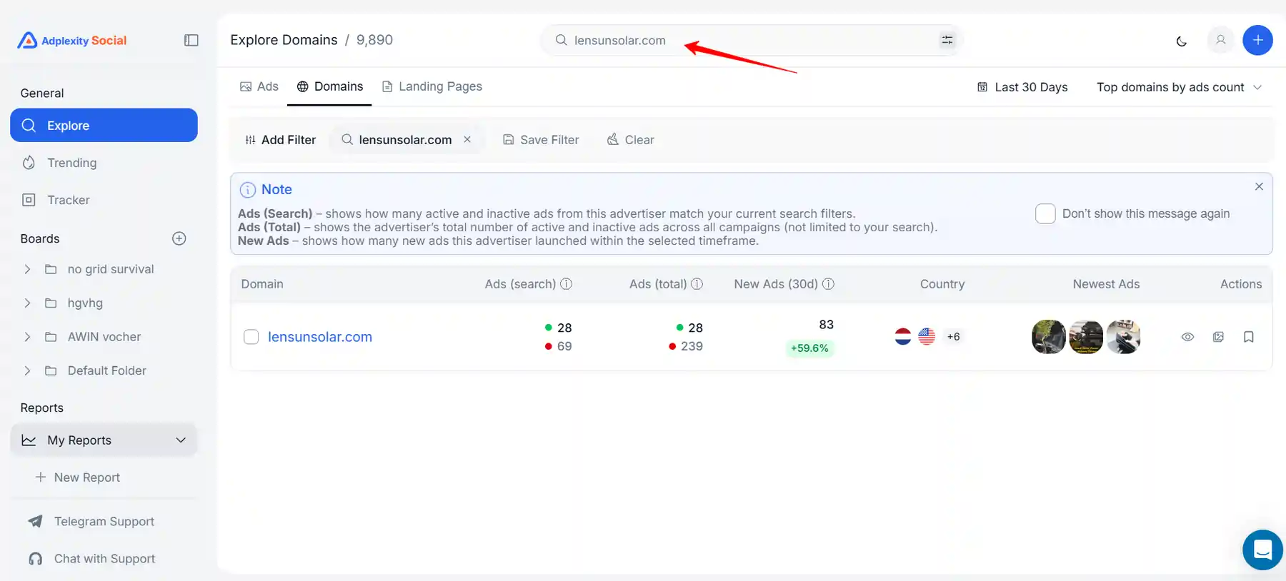 Adplexity Social Domain-based search Feature