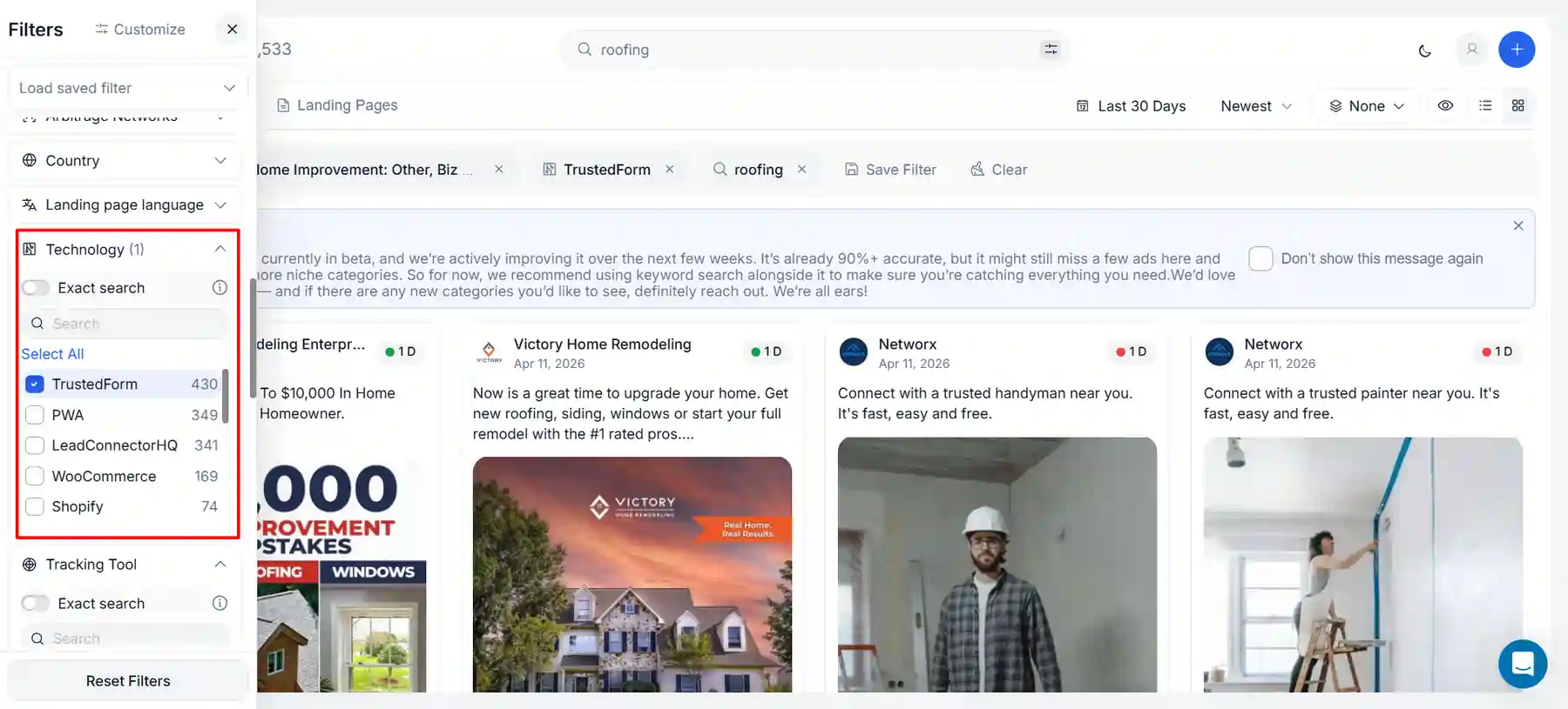 Adplexity Social landing page technology stack