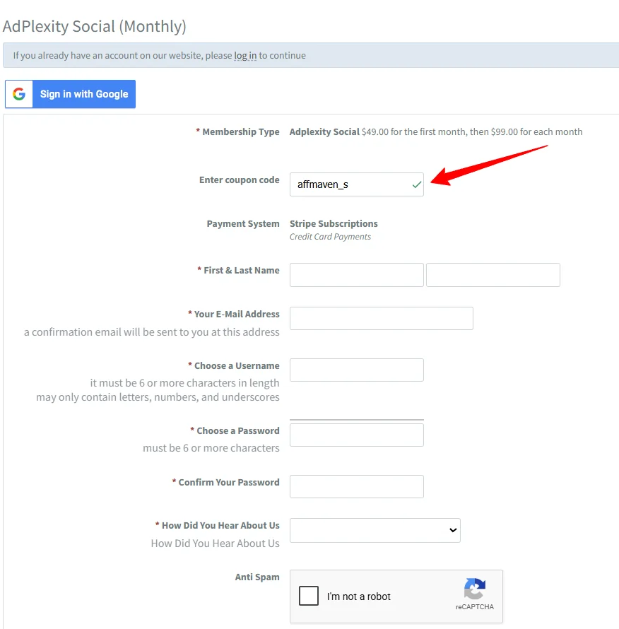 Enter affmaven_s for 50% off on Adplexity Social