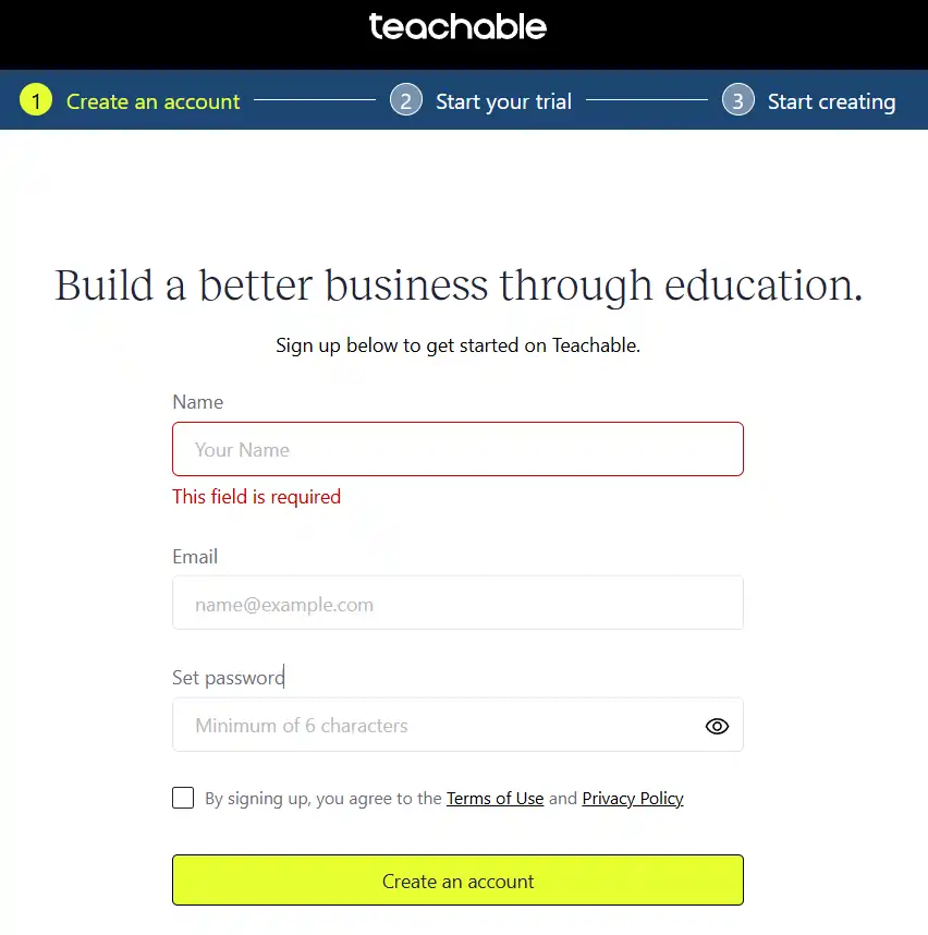 Sign-up on Teachable