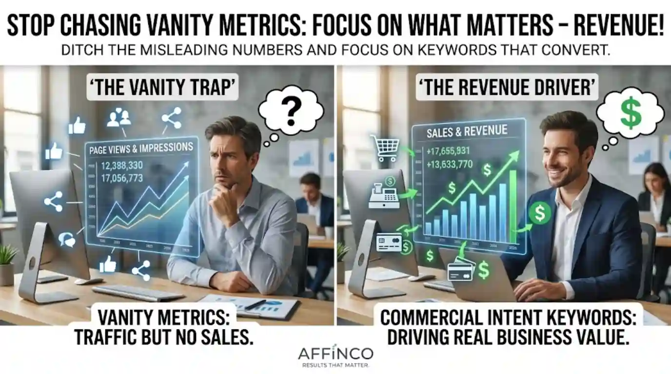SEO dashboard highlighting revenue over vanity metrics