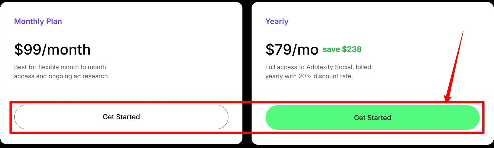 Select Adplexity Social Monthly or Annual billing