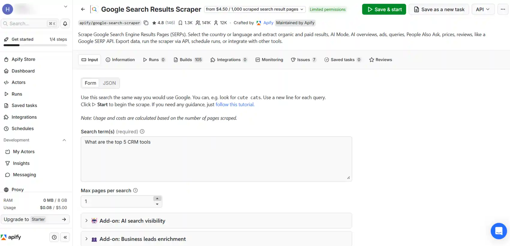 Apify Google Search Results scraper