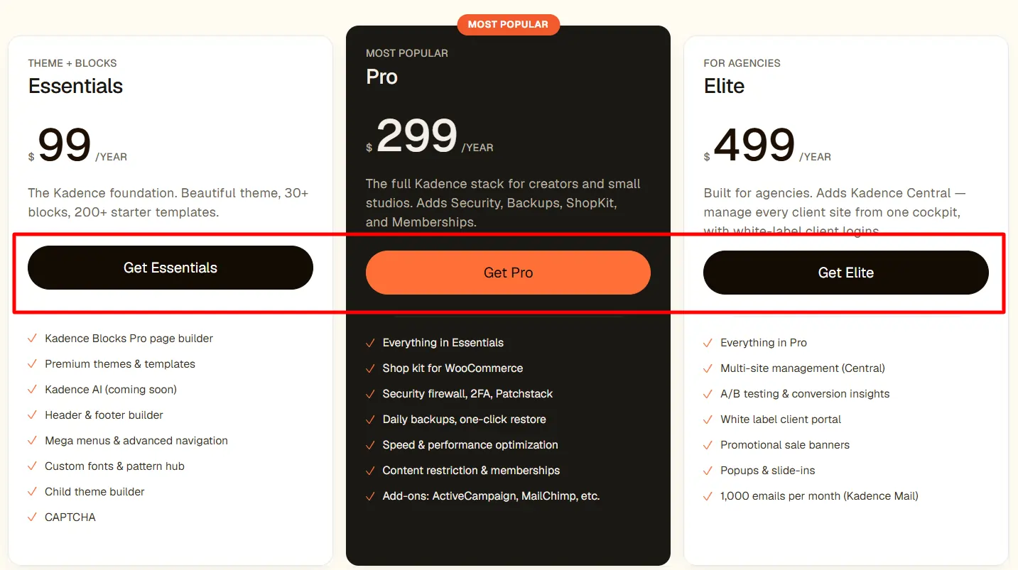 Choose Kadence WP Plan to Apply Discount