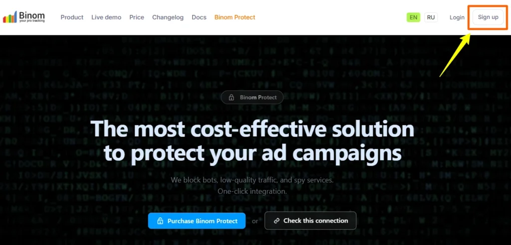 Click Sign up On Binom Protect