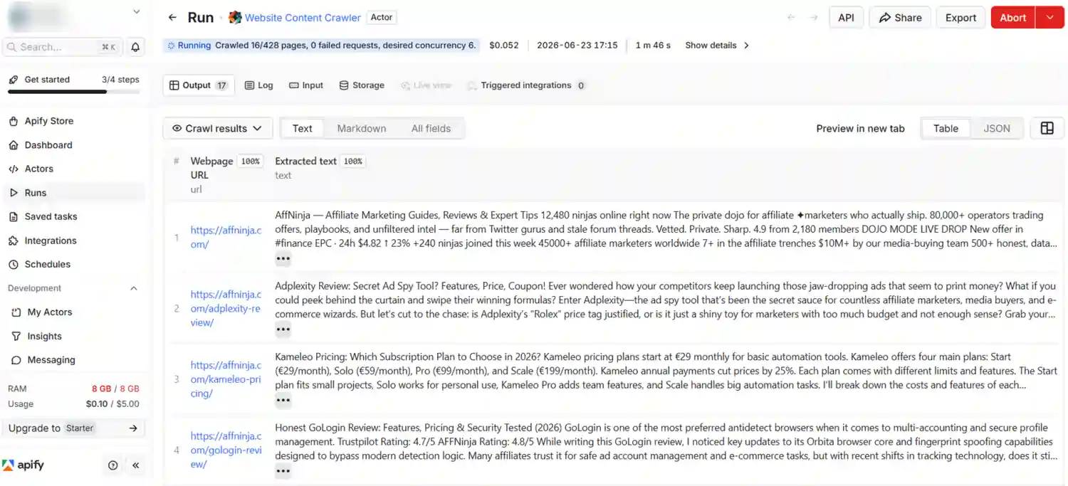 Crawl competitors website with Apify Actors