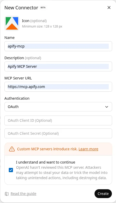 Create a new Apify connector in ChatGPT