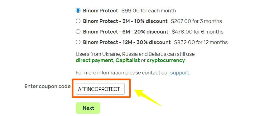 Enter the coupon code on Binom Protect