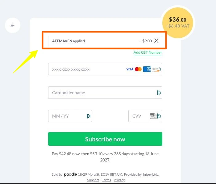 Paste AFFMAVEN into the coupon field on BackupBliss