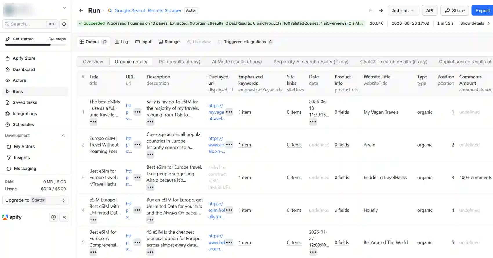 Scrape keywords from Google Search Results Scraper in Apify