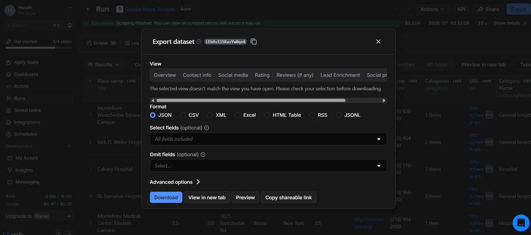 Exporting GBP Audit Data Extracted by Apify Google Map Scraper