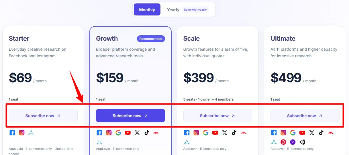 Elige un plan de BigSpy para canjear el descuento.